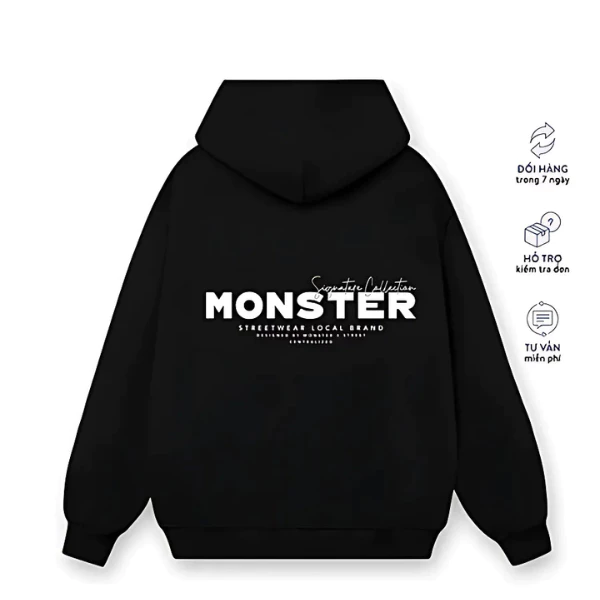 Áo hoodie đen xám MONSTER local brand phong cách streetwear cá tính