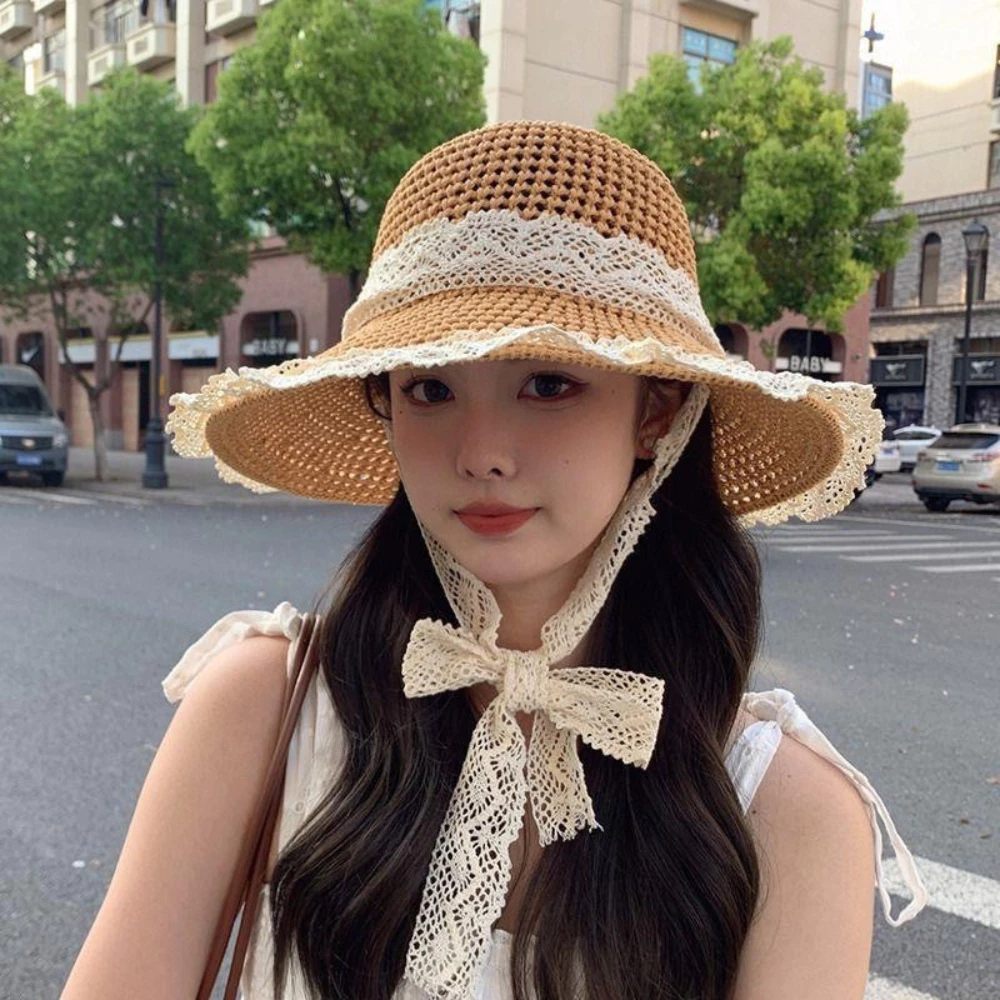 【Hwang】Mũ Cói Đi Biển Rộng Vành Phối Ren Xinh Xắn Cho Nữ Gấp Gọn Tiện Lợi Không Bị Mất Form