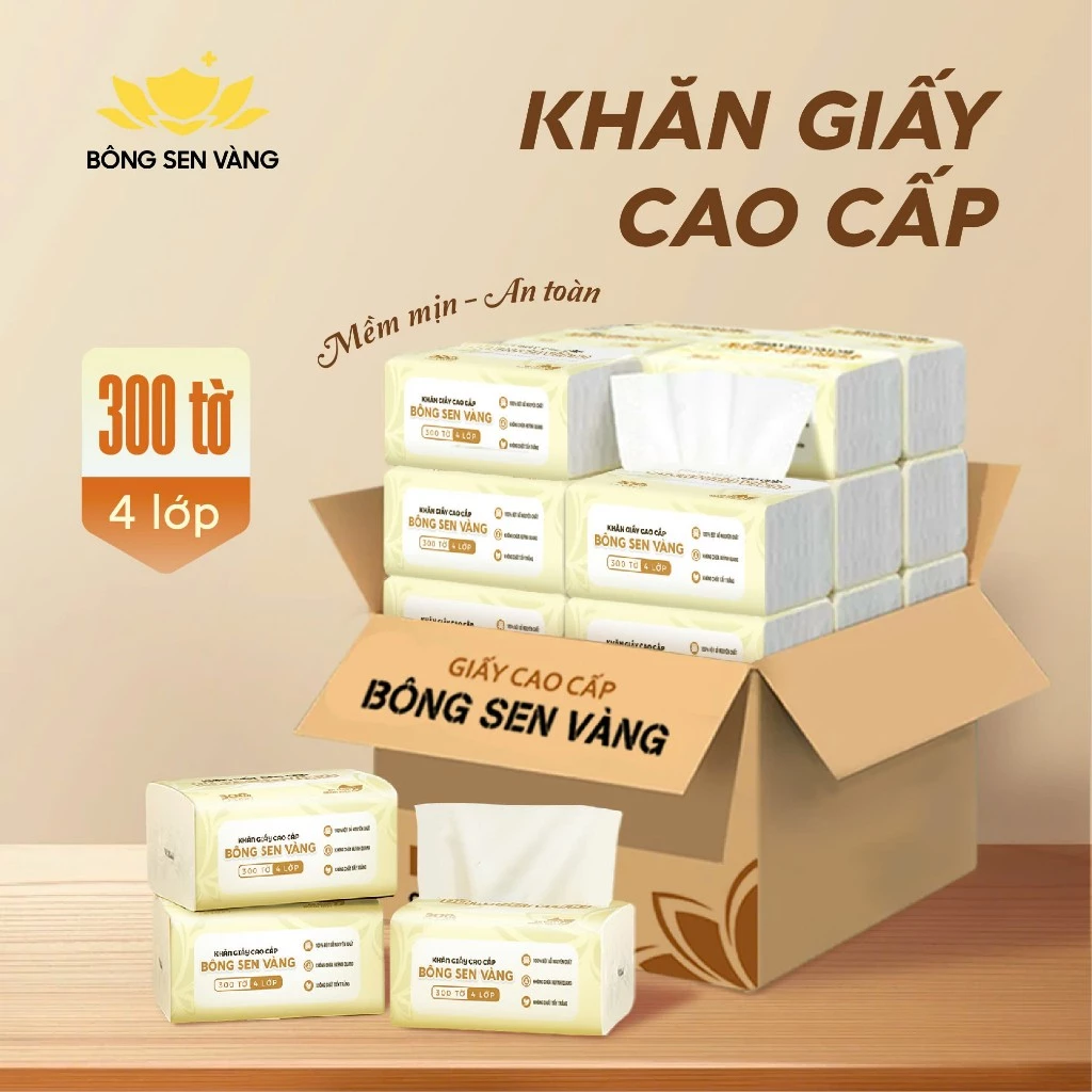 Thùng Giấy ăn cao cấp Bông Sen Vàng 4 lớp mềm mịn, an toàn, tiện lợi.
