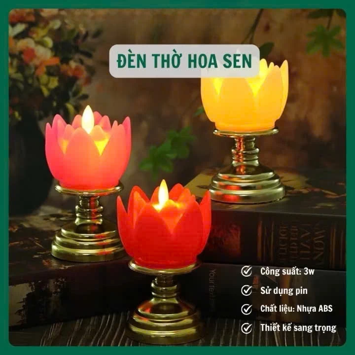 Nến hoa sen điện tử liền đế, đèn thờ hoa sen dùng pin, đèn cầy hoa sen để bàn thờ