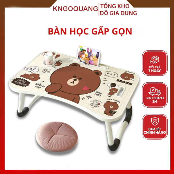 Bàn học gấp gọn cao cấp bọc nhựa có khe cắm Ipad, ngăn đựng bút, tay xách và chỗ để cốc nước, siêu bền,đẹp,cute
