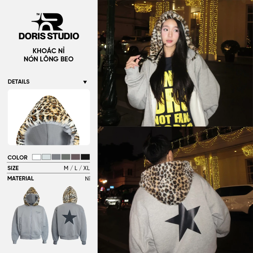 Áo khoác nỉ nón lông beo Doris Star / Doris / Form unisex