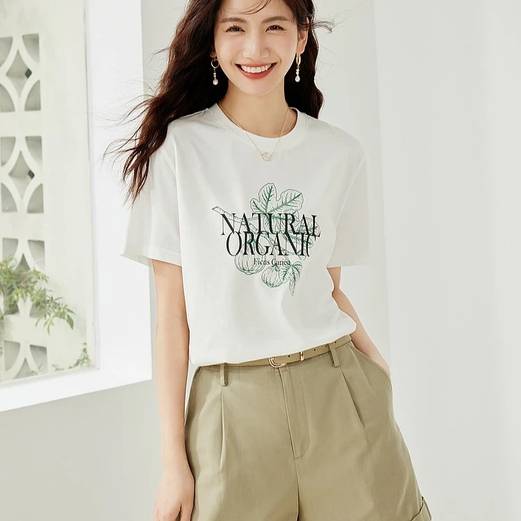 [GIẢM 100K] Áo thun nữ dáng vừa, áo phông nữ mùa hè, cộc tay, cổ tròn, màu trắng, COTTON 100%, in hình NATURAL