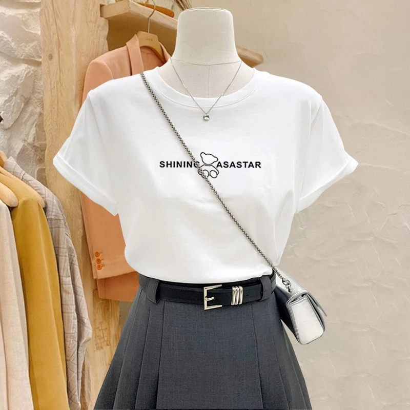 Áo thun nữ dáng vừa, áo phông nữ mùa hè, cộc tay, cổ tròn, COTTON 100% mềm mát, in hình CHỮ GẤU NHỎ