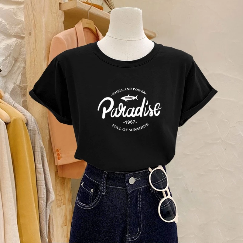 Áo phông nữ dáng vừa, áo thun nữ cộc tay, cổ tròn, COTTON 100% mềm mát, in hình PARADISE