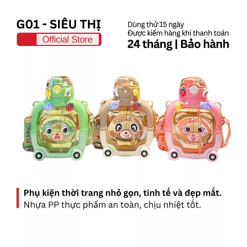 Bình nước giữ nhiệt dễ thương hình gấu có ống hút 1000ml cho bé siêu xinh mặt gấu có biểu cảm