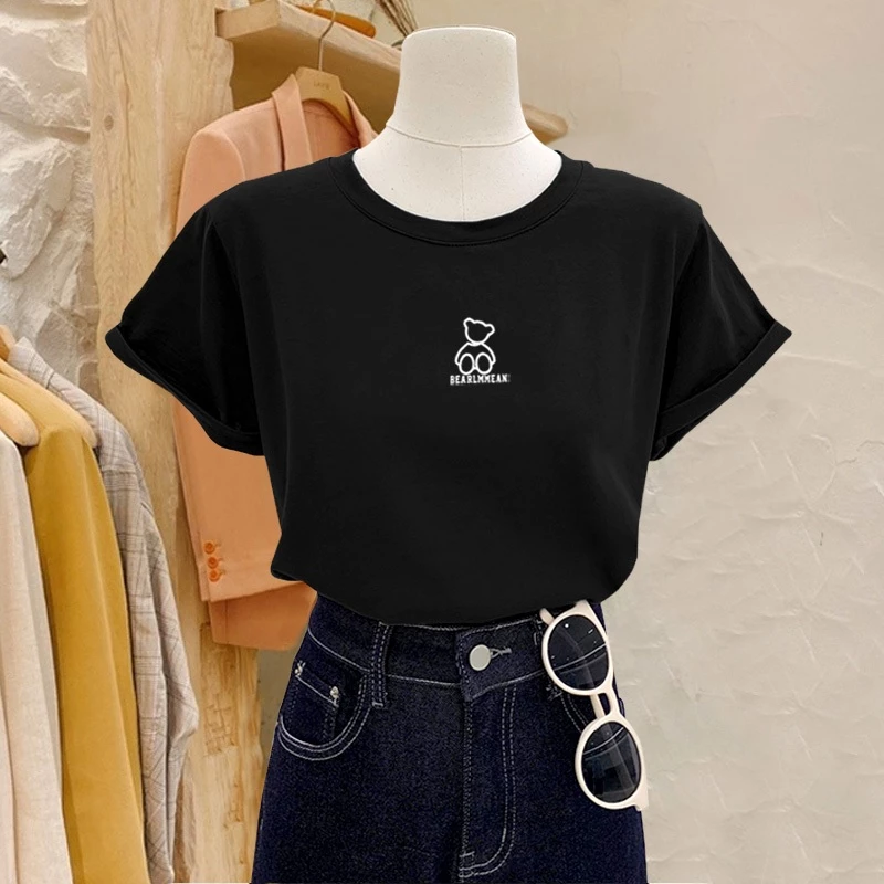Áo thun nữ dáng vừa, áo phông nữ mùa hè, cộc tay, cổ tròn COTTON 100%, in hình GẤU NHỎ, Màu ĐEN