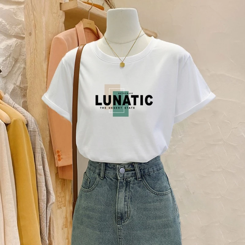 Áo phông nữ dáng vừa, áo thun nữ cộc tay, cổ tròn, cotton 100% mềm mịn, thoáng mát, in LUNATIC
