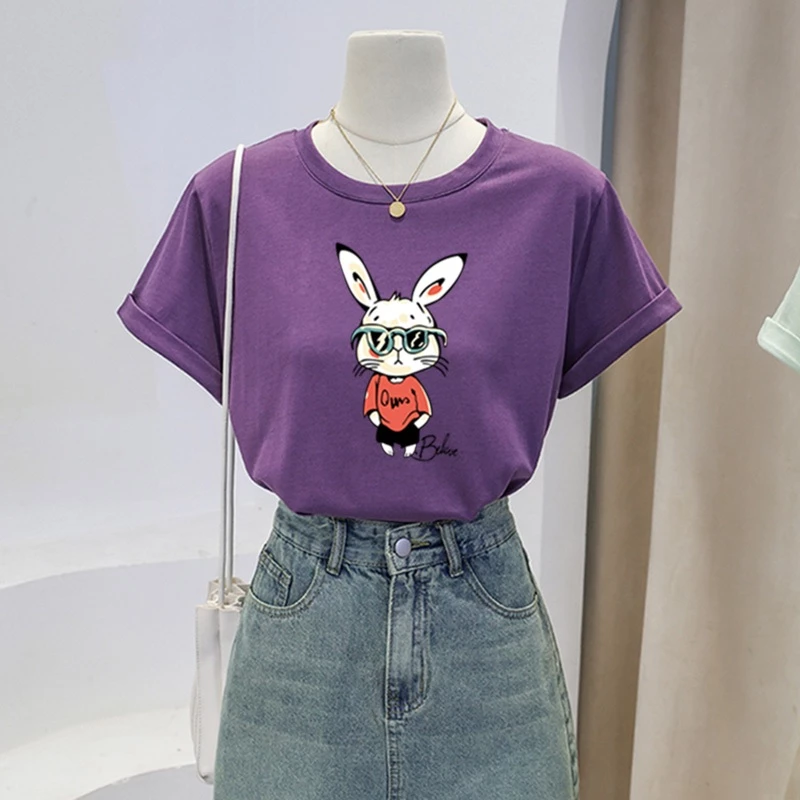 Áo phông nữ dáng vừa, áo thun nữ cộc tay, cổ tròn, cotton 100% mềm mịn, thoáng mát, in hình THỎ TRẮNG