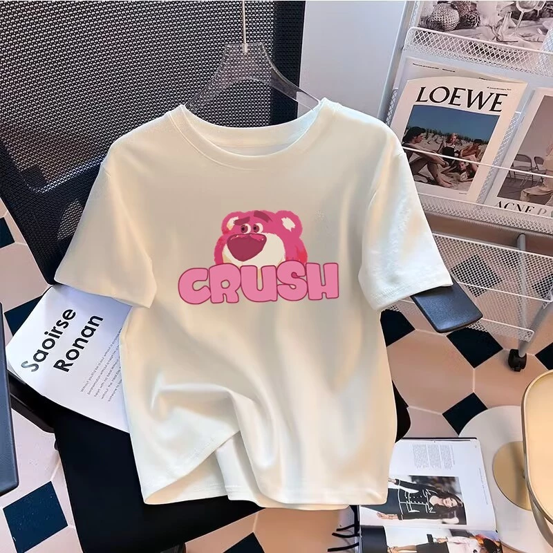 Áo phông trắng nữ form vừa, áo thun nữ cộc tay, cổ tròn, cotton 100%, hình in GẤU CRUSH