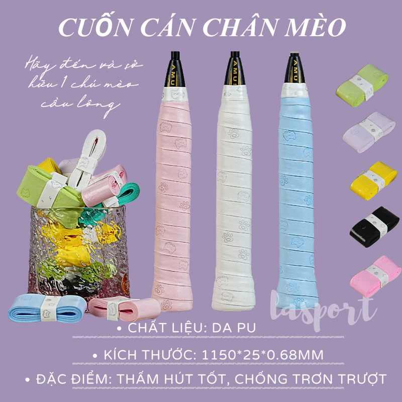 Cuốn cán vợt cầu lông pickleball, cuốn cán Chân Mèo nhiều màu sắc, thấm hút mồ hôi chống trơn trượt