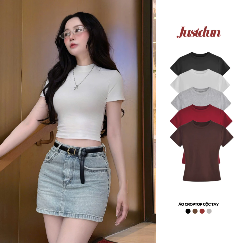 Áo thun croptop cộc tay nữ basic chất cotton mịn co giãn Justdun CT4