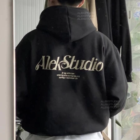Áo hoodie basic UNISEX in chữ ALEKSTUDIO màu xám màu đen form rộng thoải mái, áo khoác dày dặn phong cách hàn quốc