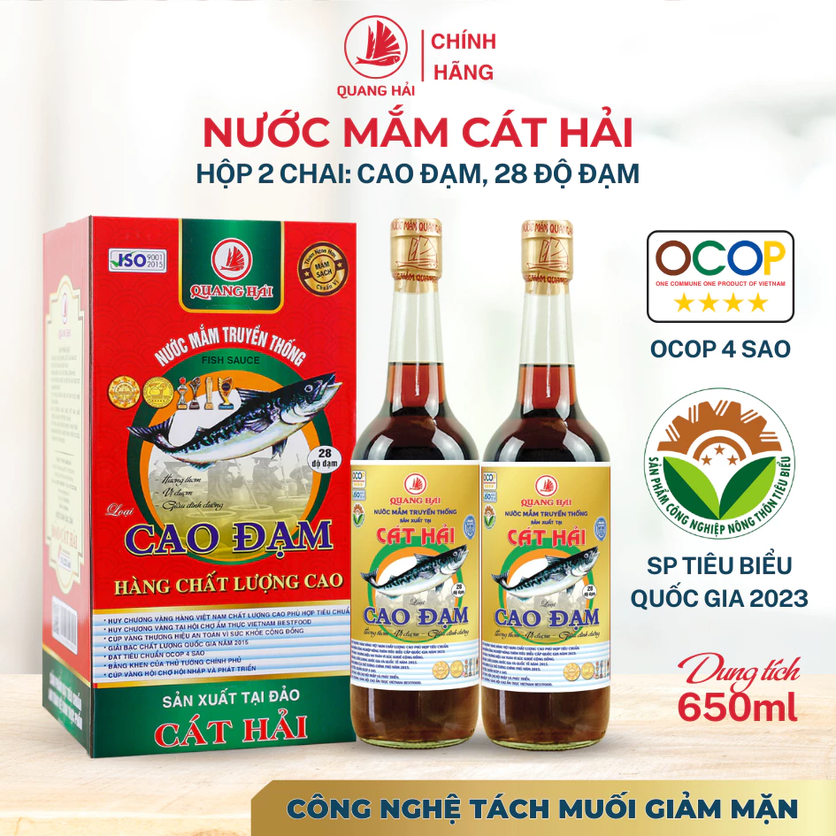 Nước Mắm Cát Hải Quang Hải Cao Đạm 28 Độ Đạm Tách Muối OCOP 4 Sao - Nước Mắm Truyền Thống Chai 650ml, Hộp 2, Hộp 4