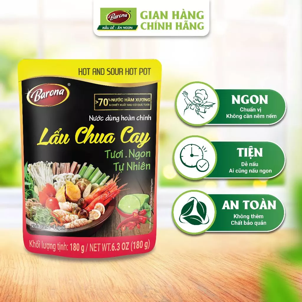 Gia vị nấu Nước Dùng hoàn chỉnh Barona- Lẩu Chua Cay 180g/gói
