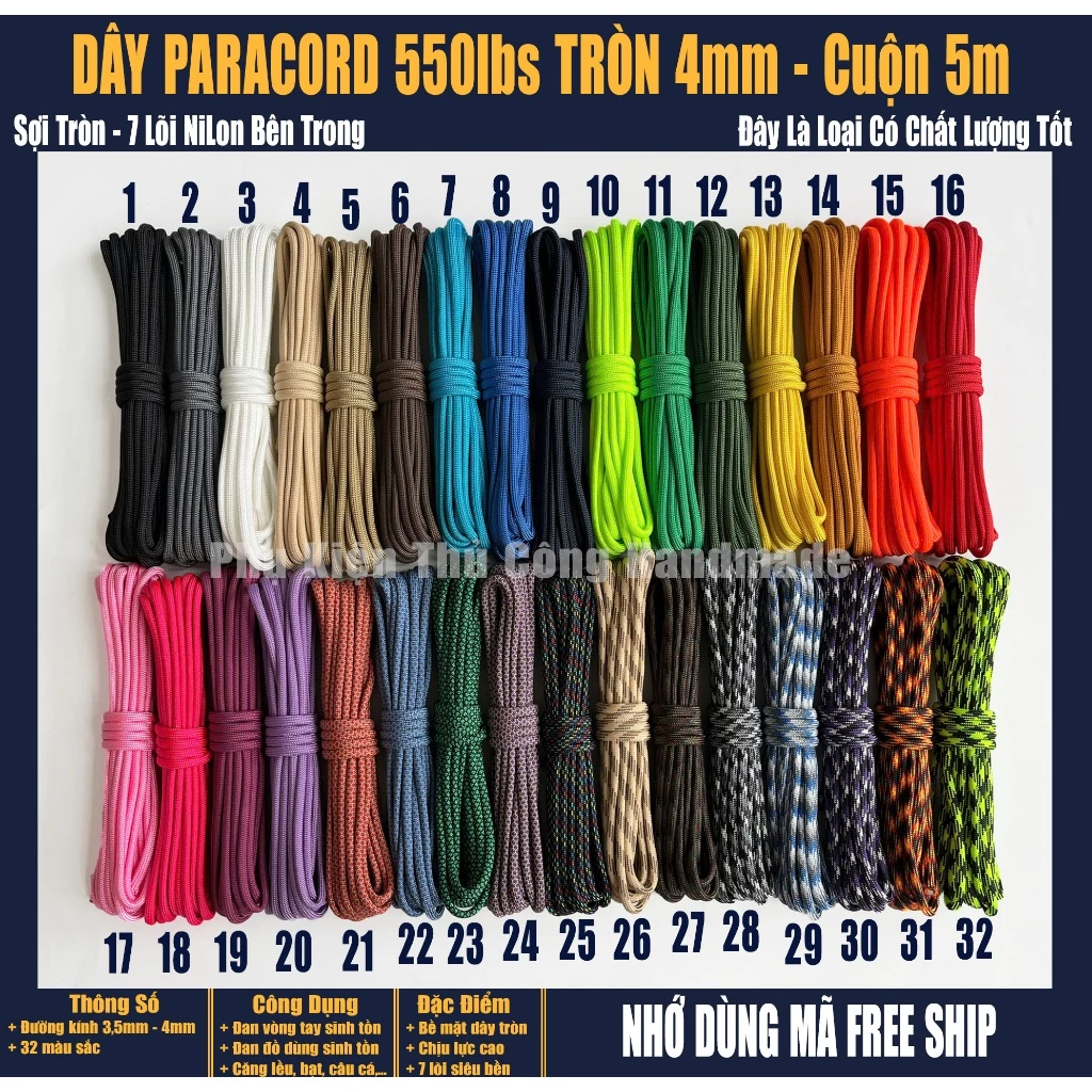 Dây Dù Paracord 550lbs Loại Tốt - Đường Kính 4mm, Cuộn 5m
