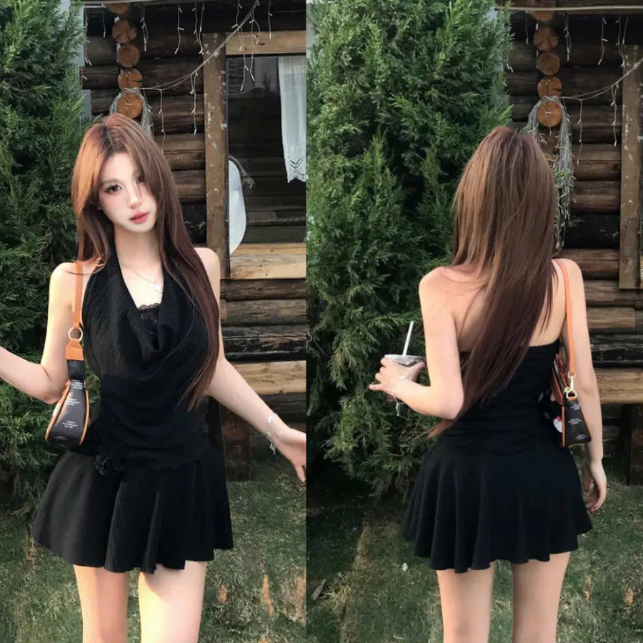 Đầm Cổ Yếm Hở Lưng, Đầm Váy Ôm Body Cổ Yếm Tùng Xoè Màu Đen Sang Chảnh Tiểu Thư Cho Nàng Đi Tiệc, Đi Chơi Đều Xinh