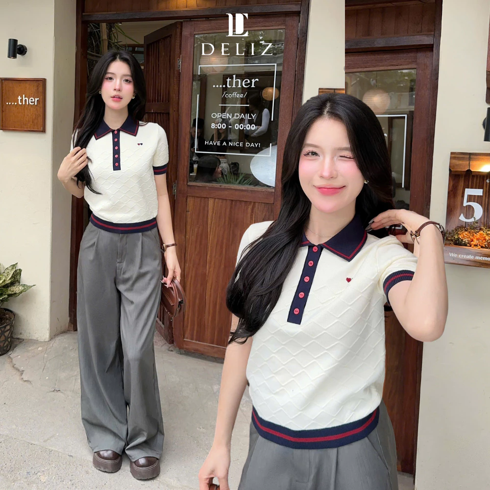 Áo len polo cộc tay cho nữ mùa hè phối cổ đức cài khuy chất len lông thỏ dệt trám PL23 DELIZ