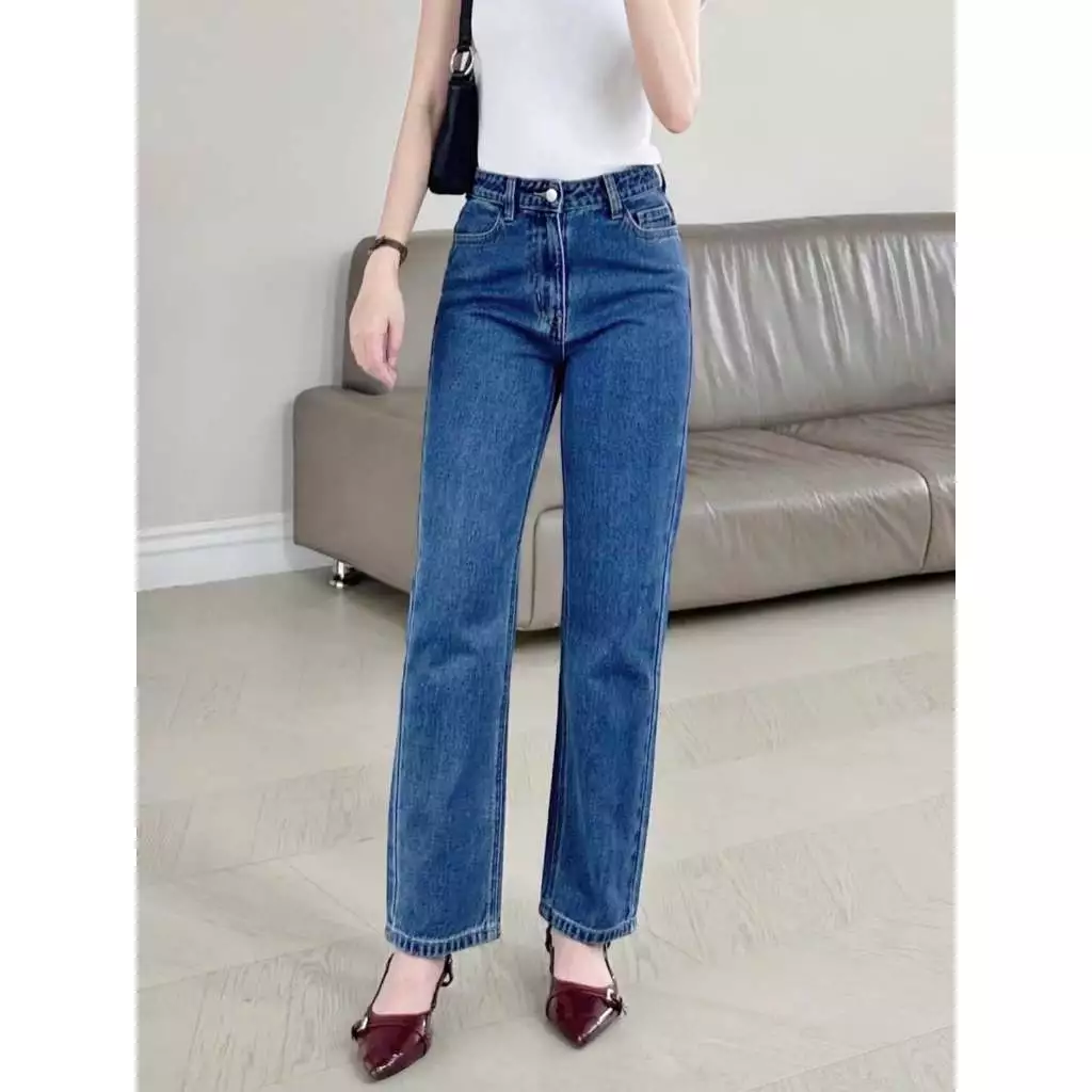 Quần Jean Ống Đứng B-031, Không Co Giãn, Lưng Cao, Phom Nhỏ Vừa Gọn Dáng, Màu Xanh Đậm Trơn