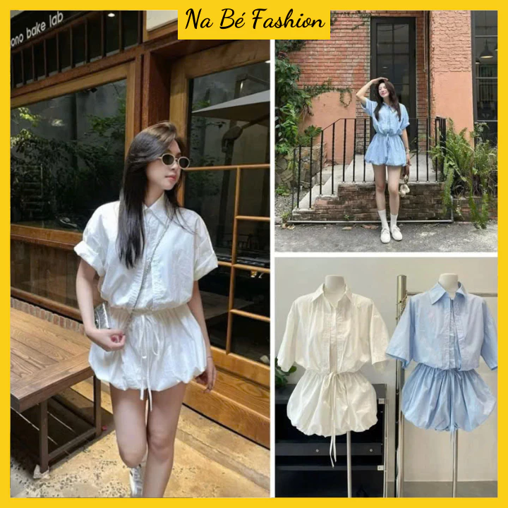 Jumpsuits Liền Quần Dáng Bí Phồng Chất Gió Su Cổ Sơmi 2 Vạt kèm Dây Rút Eo Cực Xinh NA33