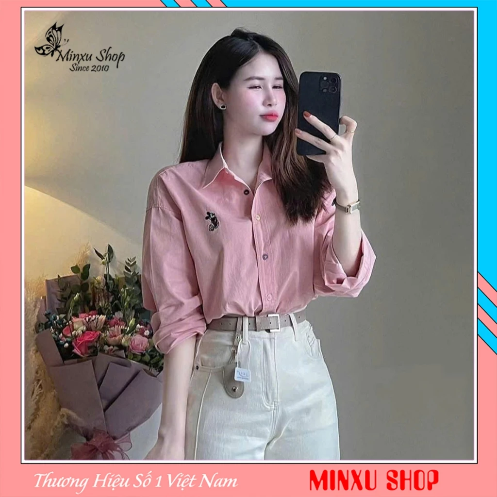 Áo Sơ Mi Thêu Mickey Cúc Sắc Màu Chất Thô Mềm Dáng Rộng Mac GiGi Hàng QC Minxu Shop SOM18