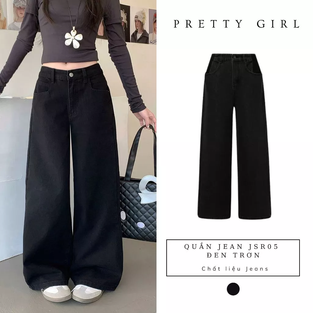 Quần Jeans Nữ Ống Suông Rộng JSR05 Màu Đen Trơn Hottrend Style Hàn Quốc