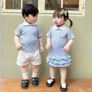 (SẴN HÀNG) X50- HOT KIDS SET ĐỒ ĐÔI BÉ TRAI - BÉ GÁI KẺ XANH POLO THÊU NGỰA