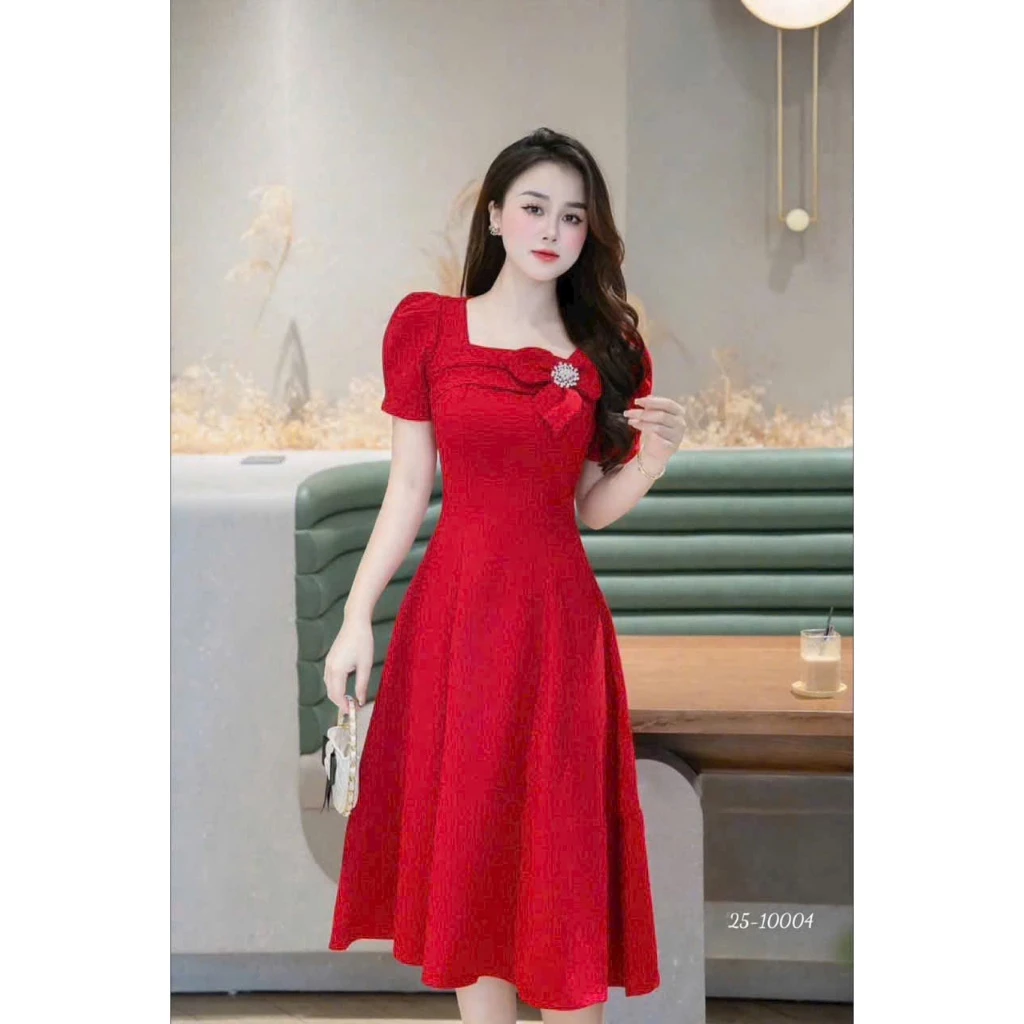 ĐẦM Dự Tiệc Dáng Xòe Kết HOA NƠ TO 3 CÁNH Kèm Phụ Kiện Sang Chảnh