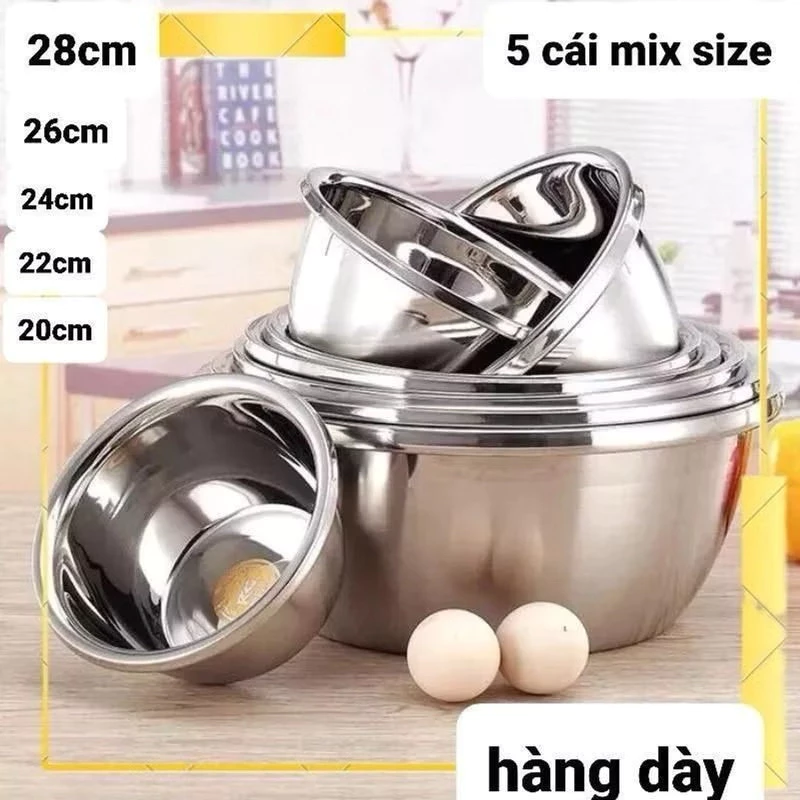 Combo 5 thau Inox 304 đủ size 20,22,24,26,28 cm. Đựng rau quả, thực phẩm làm bánh. Hàng dày đa năng