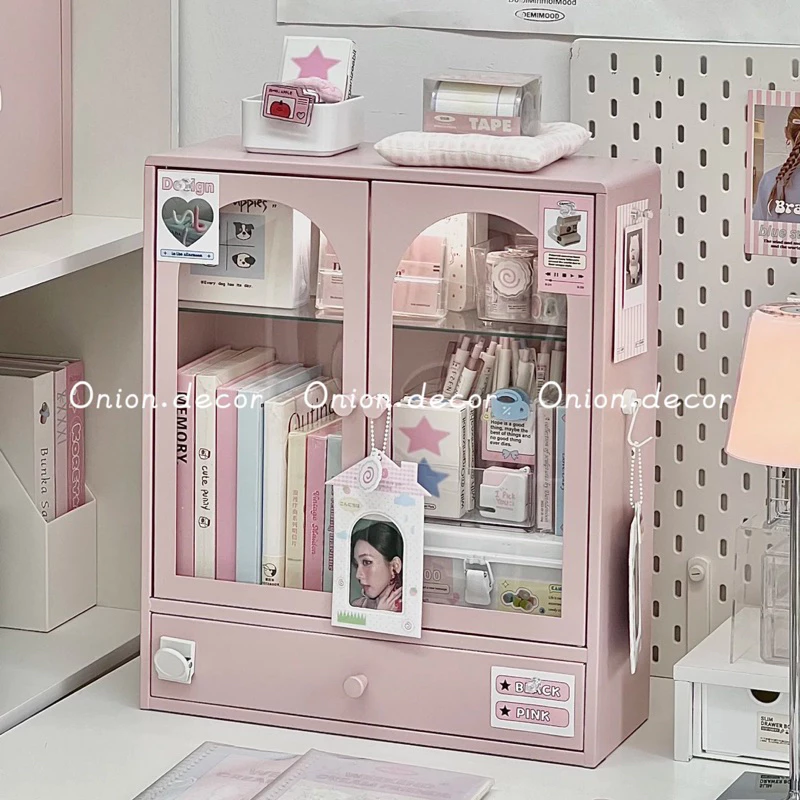Tủ thép 2 cánh trong suốt mini để bàn màu pastel