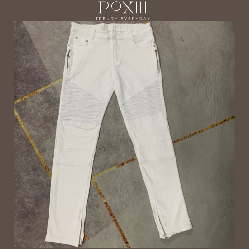 Quần Bò Bat Man Trắng Dài Mix Nhăn Khoá Chân Form Chuẩn - Quần Jeans Nam Nữ Vải Co Dãn Nhẹ