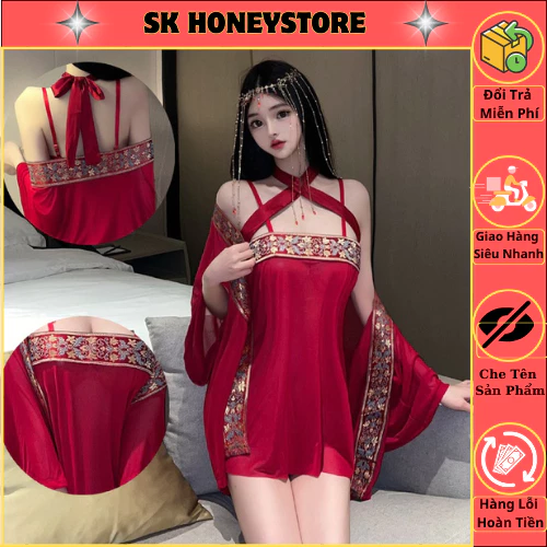 Bộ váy ngủ kèm áo choàng ren xuyên thấu quyến rũ MS356 🌻 Đồ ngủ nữ