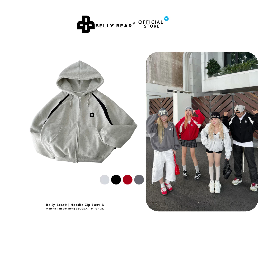 Áo Khoác Hoodie Zip 𝗕𝗘𝗟𝗟𝗬 𝗕𝗘𝗔𝗥 Form Boxy Rộng Chữ Thêu B