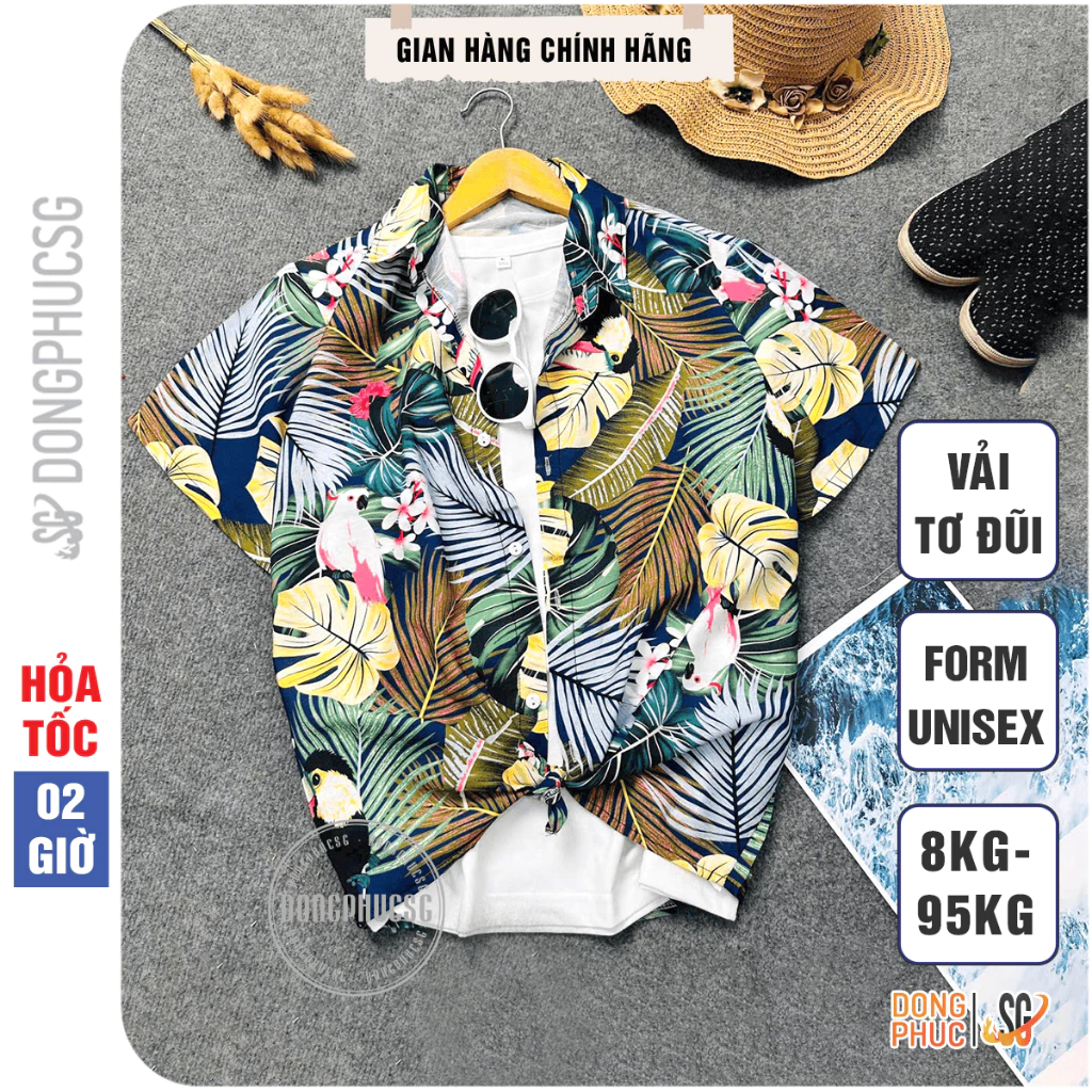 Áo sơ mi đi biển họa tiết hoa lá vải tơ đũi mát unisex nam nữ đủ size gia đình bé trai gái hội nhóm