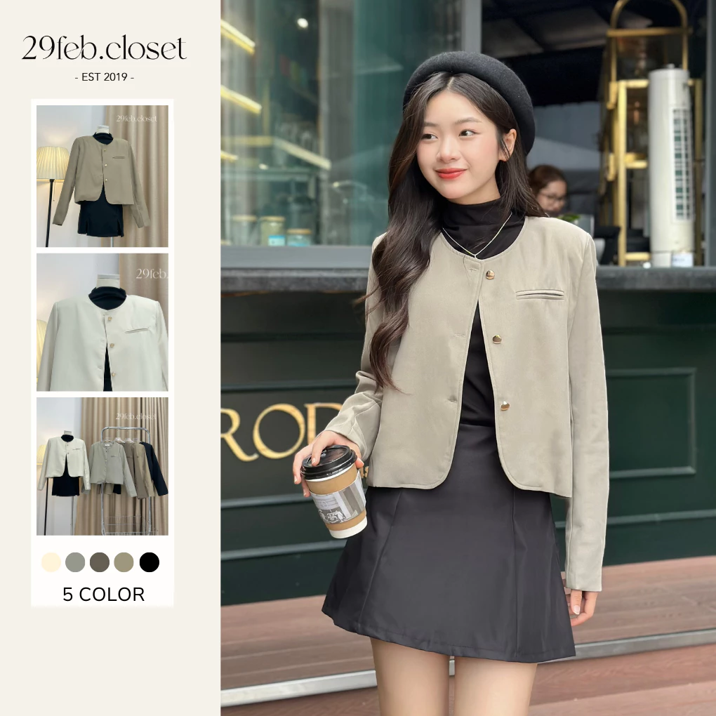 Áo Khoác Vest Blazer Nữ Trơn Khuy Đồng Cổ Tròn Một Túi Trước Nữ Tính Thời Trang Hàn Quốc - 29feb.closet - A350