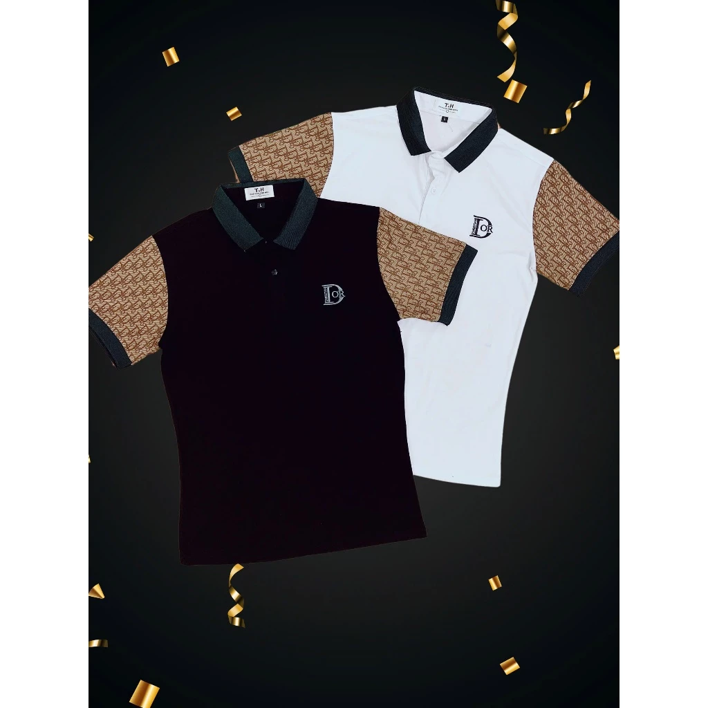 Áo thun polo nam có cổ phối viền vai , ngắn tay vải cotton, thêu chứ họa tiết, sang trọng