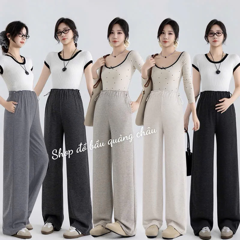 quần bầu ống rộng thời trang cạp khoá dây rút 2 bên siêu xinh, mặc được cả trước và sau sinh