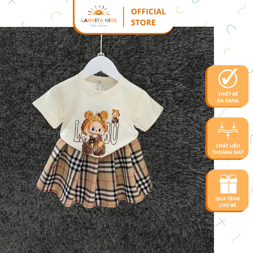 Set Váy Xếp Ly Caro Labubu Chất Cotton Thoáng Mát Mùa Hè, Thiết Kế Dễ Thương, Cho Bé Gái 10-30kg (DV02)