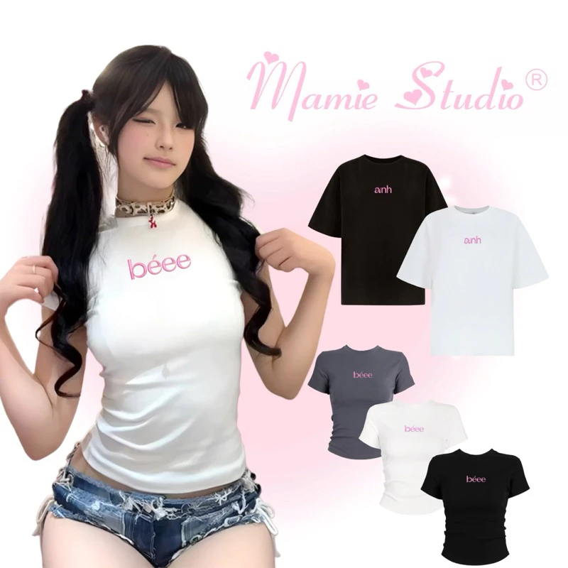 Áo thun cặp thêu chữ BÉEE cho nam nữ form rộng chất cotton mỏng nhẹ. Clothingforgirl x MaMie Studio