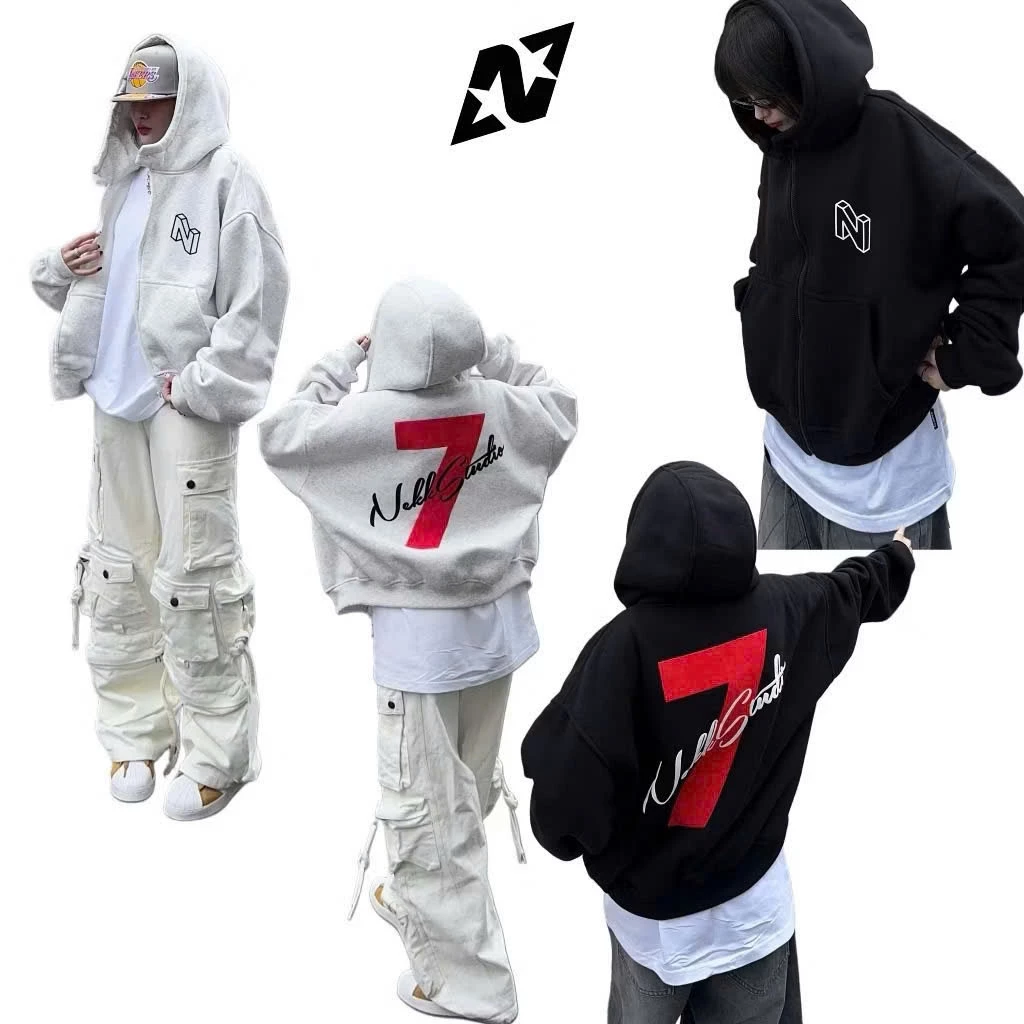 Áo Hoodie nam nữ In logo seven form boxy thun nỉ dày mịn nón rộng 2 lớp vải có túi trong và có nút cổ nón form dưới 65kg