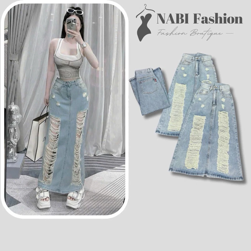 Chân Váy Jean Nữ Dài Rách Te Tua  NABI Fashion Đủ Size S M L XL Ôm Eo Hack Dáng Che Khuyết Điểm