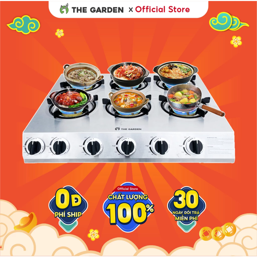 Bếp gas Nấu 4, 6, 8 họng THE GARDEN x GREENFIRE bản mới chuyên làm mì cay, cơm niêu, bánh tráng chất liệu inox