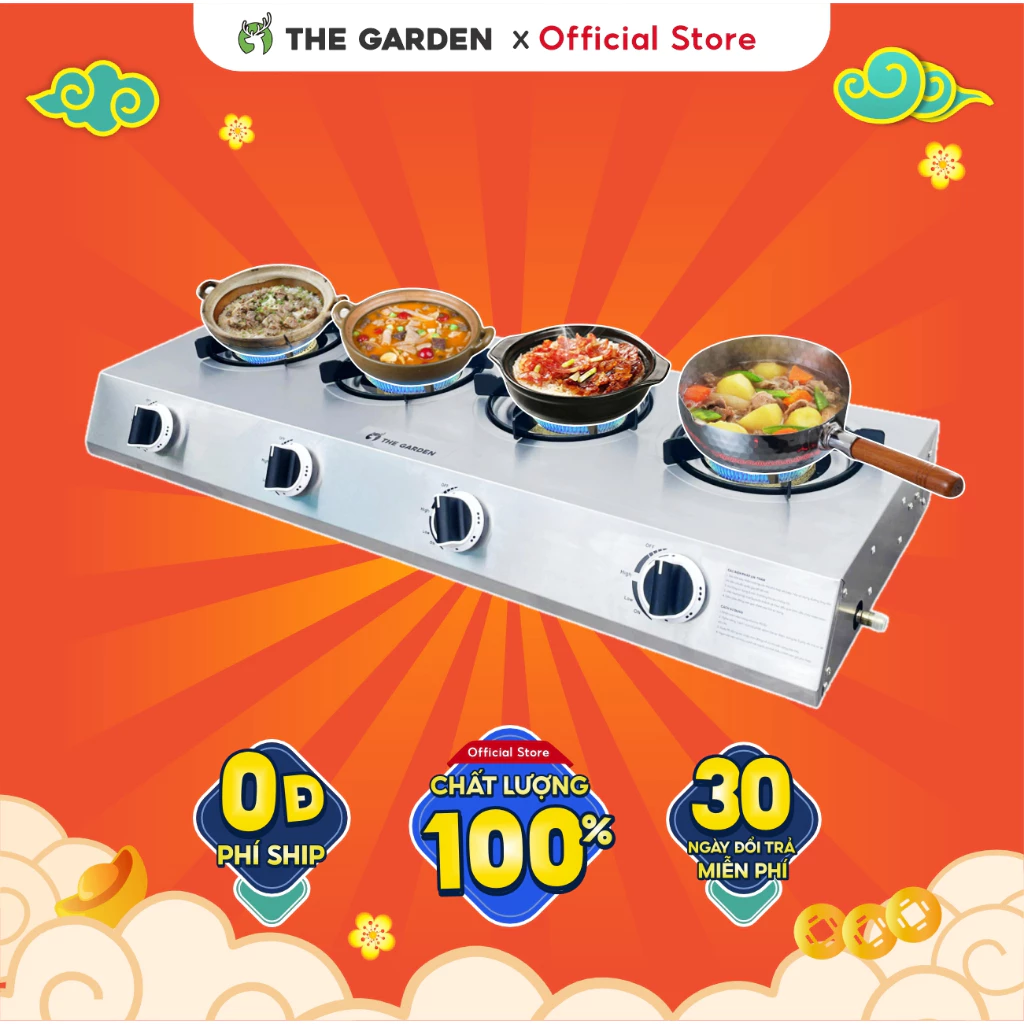 Bếp gas THE GARDEN X GREENFIRE 4 họng chất liệu inox làm mì cay, cơm niêu, bánh tráng