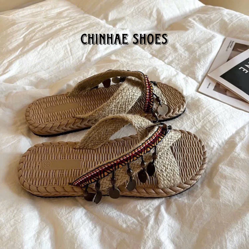 Dép lê quai chéo cói thổ cẩm đỏ siêu nhẹ chống trơn trượt cho nữ phong cách vintage retro trẻ nhẹ nhàng tiểu thư D029