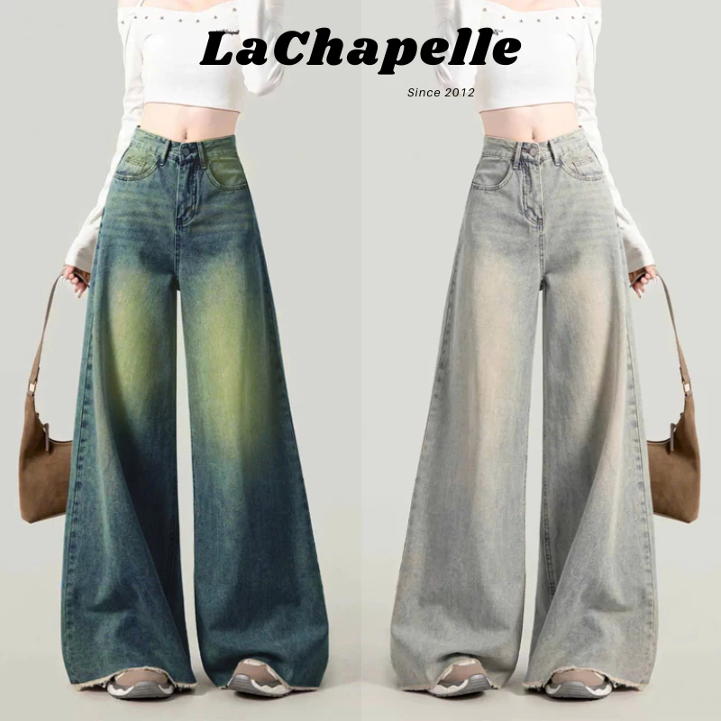 Quần jeans nữ cạp trễ eo ống rộng dáng RETRO, Quần jean ống rộng rách 2 gấu màu WASH RÊU WIDE LEG