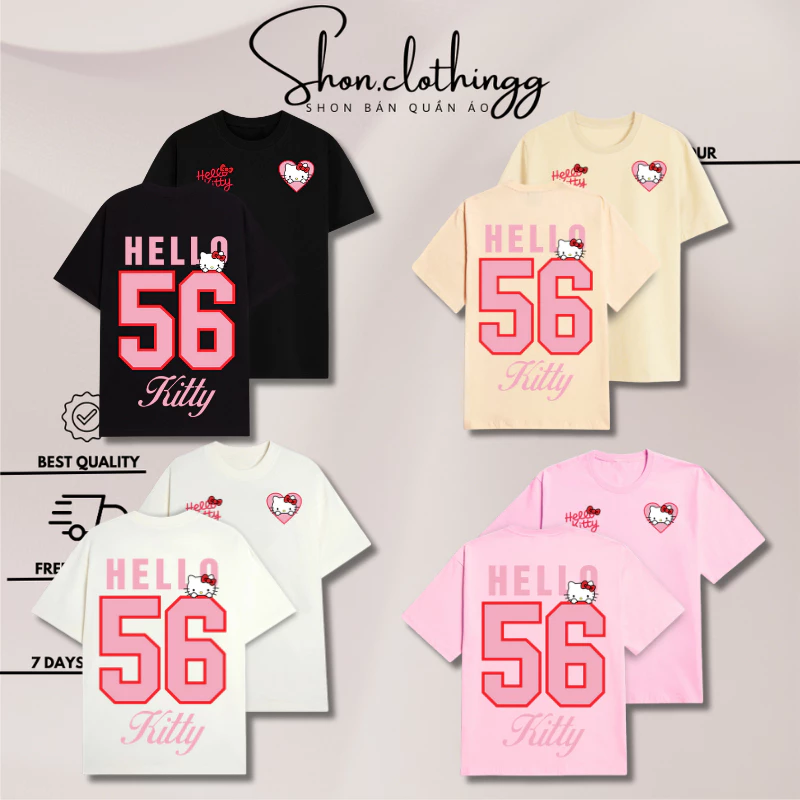 Áo Thun Hello Kitty 56 In Hình Dễ Thương Basic Chất Liệu Cotton 2 Chiều Thoáng Mát Full Tem Tag Mạc