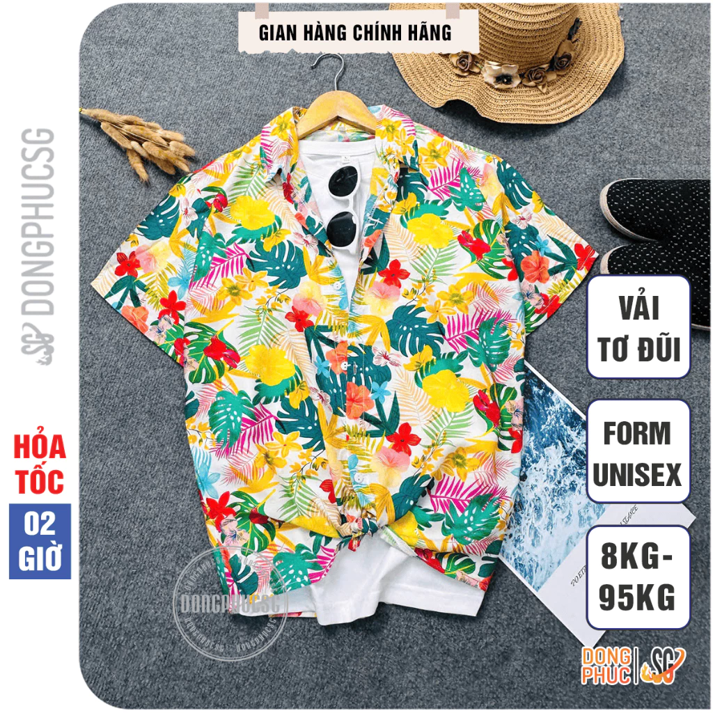 Áo đi biển hoa lá form unisex nam nữ chất vải tơ đũi mát mịn nhẹ thoáng phối đồ đẹp cho du lịch