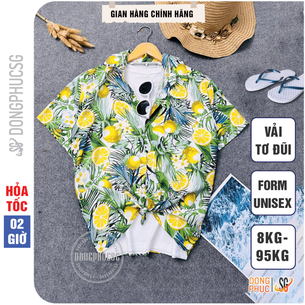 Áo đi biển hoa lá chất vải đũi nhẹ thoáng mát form unisex nam nữ làm đồ cặp đôi hội nhóm gia đình