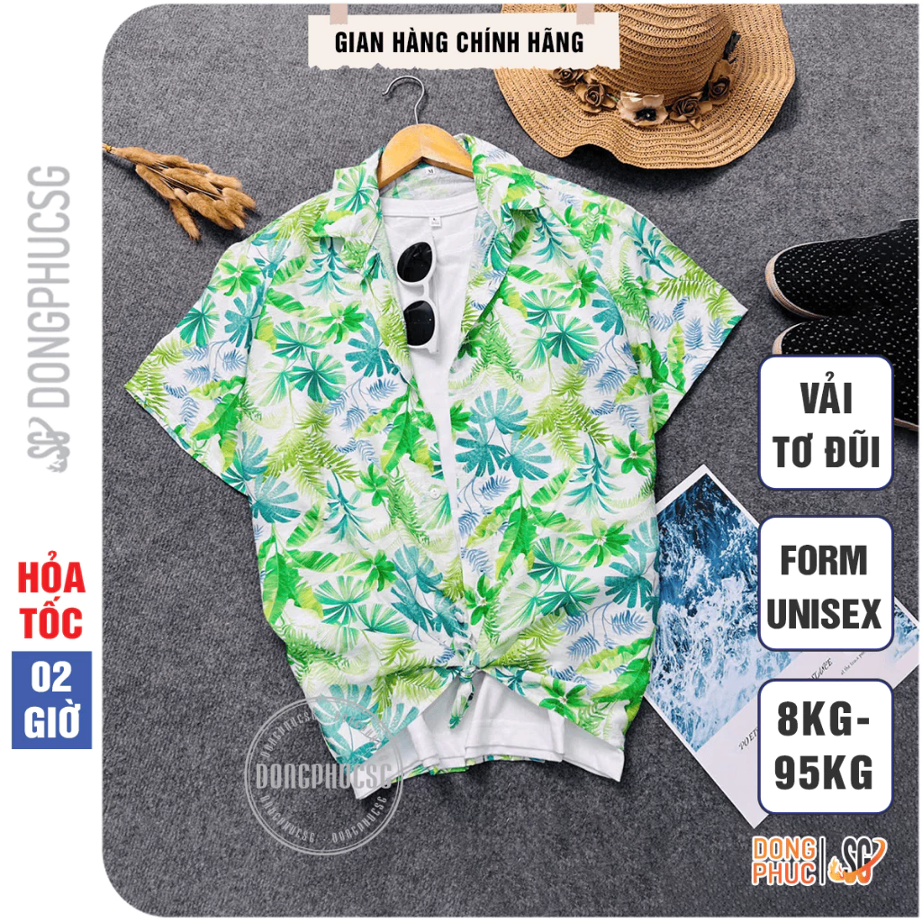 Áo sơ mi đi biển nam nữ chất tơ đũi mát mẻ họa tiết hoa lá trẻ trung cho cặp đôi gia đình hội nhóm