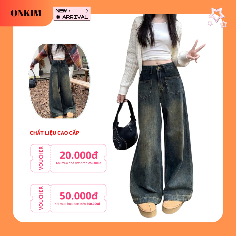 Quần jeans ống rộng ONKIM túi vuông trước gấu to lưng cao chất bò dày mềm cao cấp
